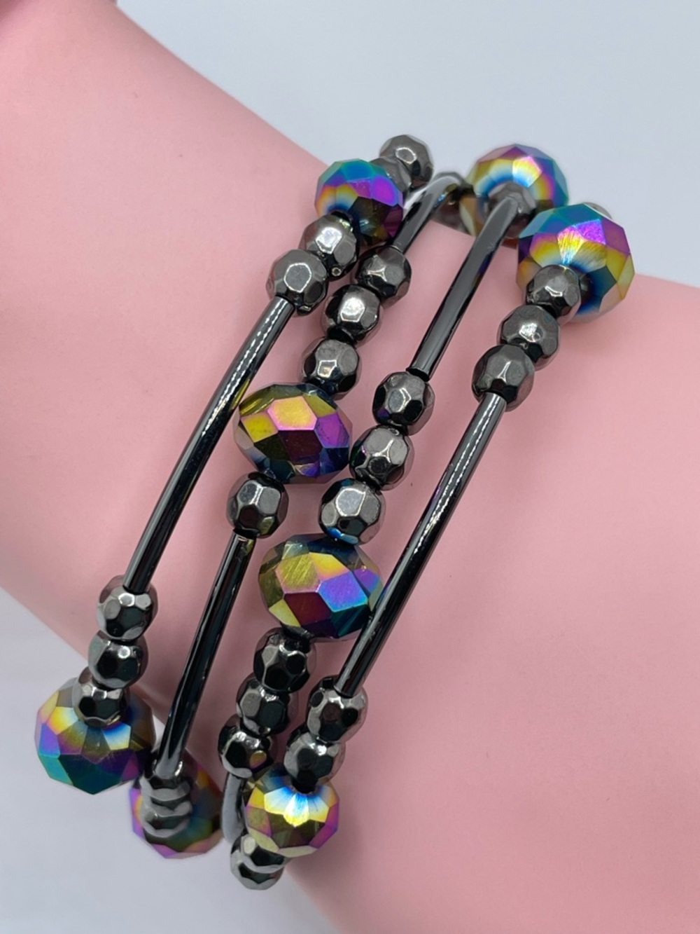 Gunmetal AB Crystal Memory Wire Wrap Bracelet Iridescent Beaded
